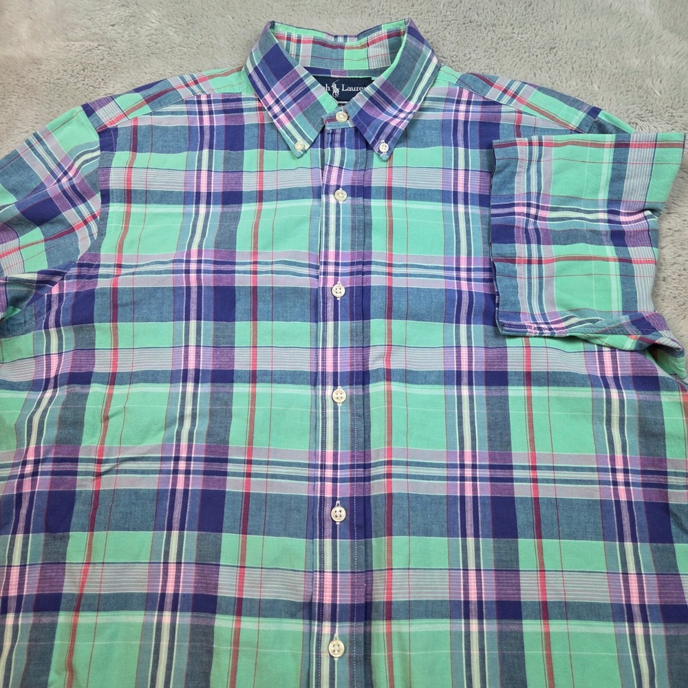 Ralph Lauren Classic Fit Plaid Button Down Shirt Mens Medium Green Blue Pink